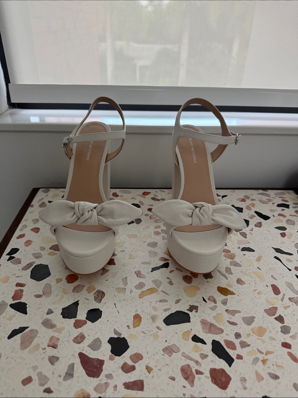 Stuart Weitzman White Platform Sandals with Bow